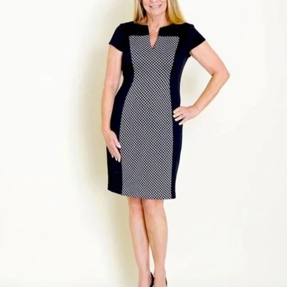 Connected Apparel Sheath Dress Womens 16 Cap Sleeve Zipper Black White V-Neck